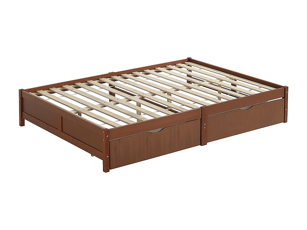 Lit Adulte 140x200 cm Lit double Deux tiroirs avec roulettes Sommier à lattes stable Pin+MDF Rouge-brun