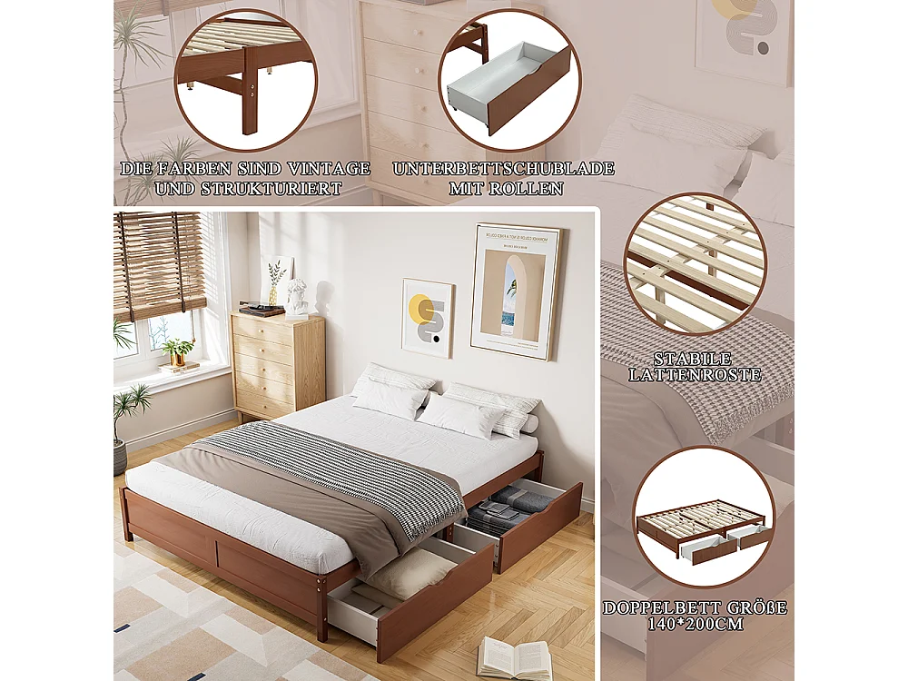 Lit Adulte 140x200 cm Lit double Deux tiroirs avec roulettes Sommier à lattes stable Pin+MDF Rouge-brun
