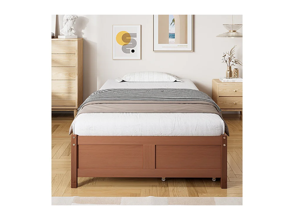 Lit Adulte 90x200 cm Lit simple Deux tiroirs avec roulettes Sommier à lattes stable Pin+MDF Rouge-brun