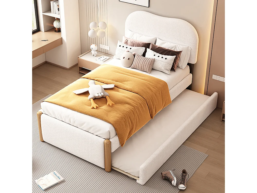 Lit enfant Lit simple 90x200 cm Lit capitonné avec lit gigogne pratique tissu blanc