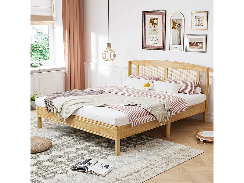 Lit adulte 160x200cm Lit double avec 15 lattes et pieds centraux pin + rotin PE Naturel