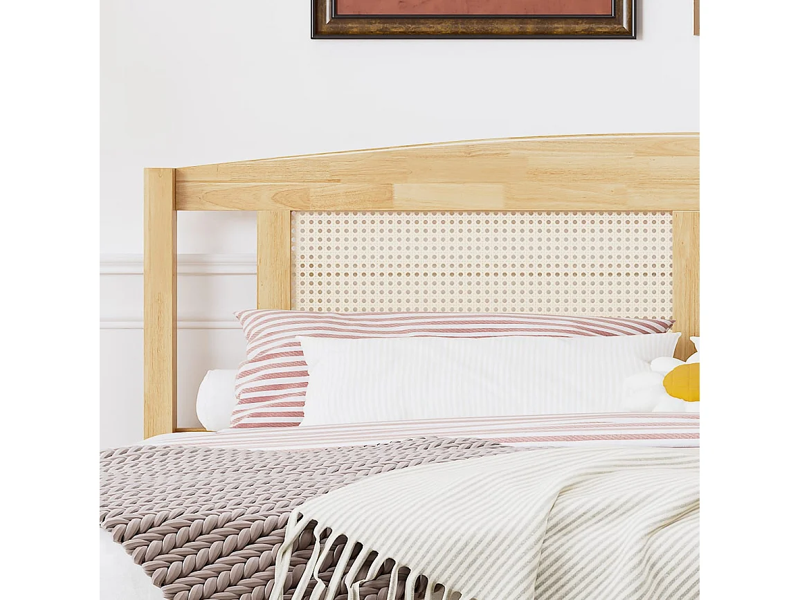 Lit adulte 160x200cm Lit double avec 15 lattes et pieds centraux pin + rotin PE Naturel