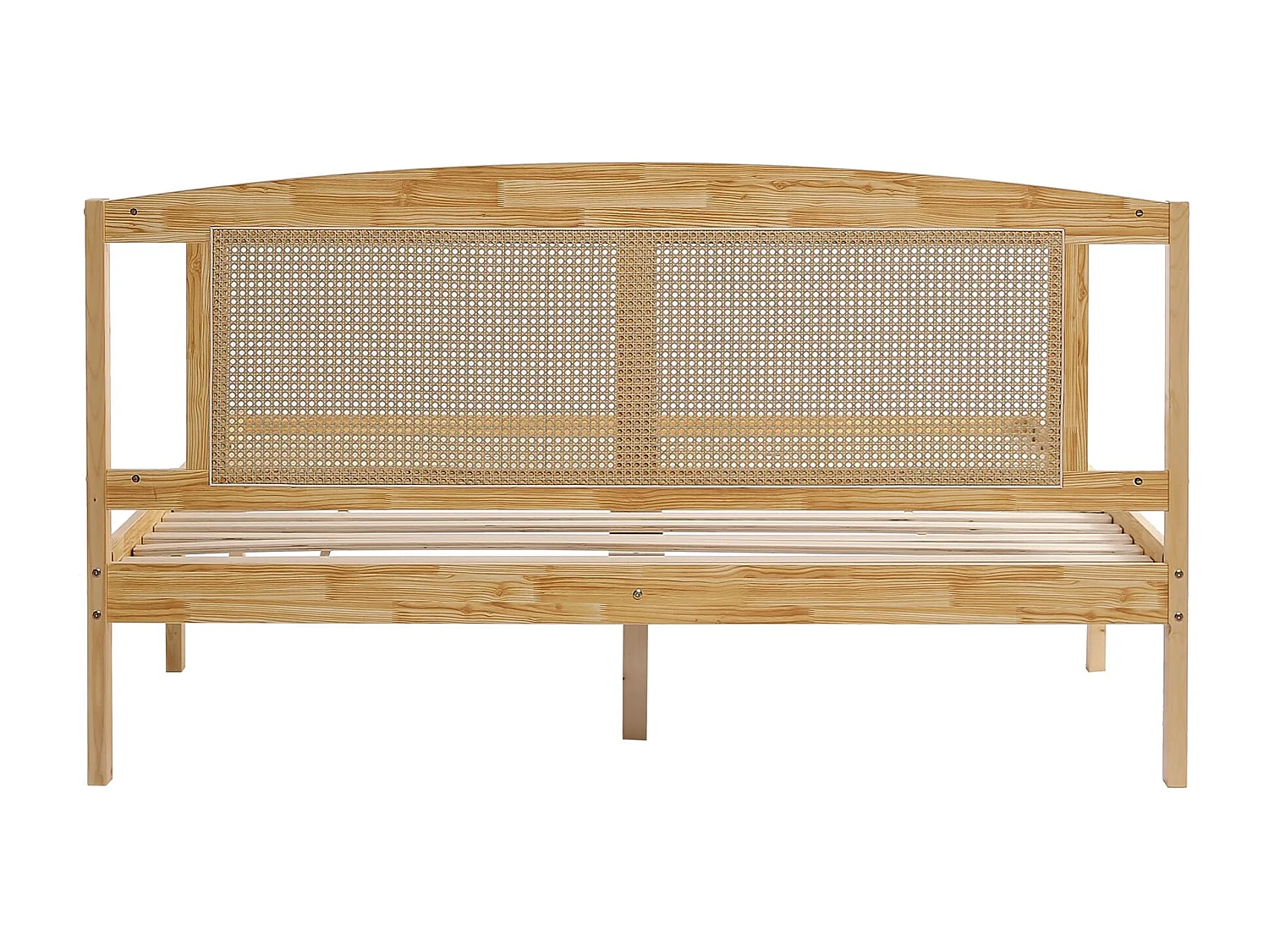 Lit adulte 160x200cm Lit double avec 15 lattes et pieds centraux pin + rotin PE Naturel