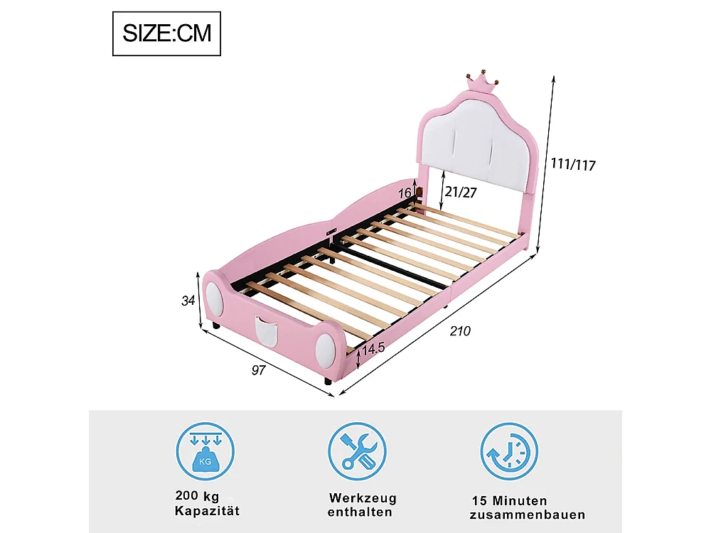 Lit enfant Lit 90x200 cm Lit avec corniche design patchwork bicolore simili cuir rose