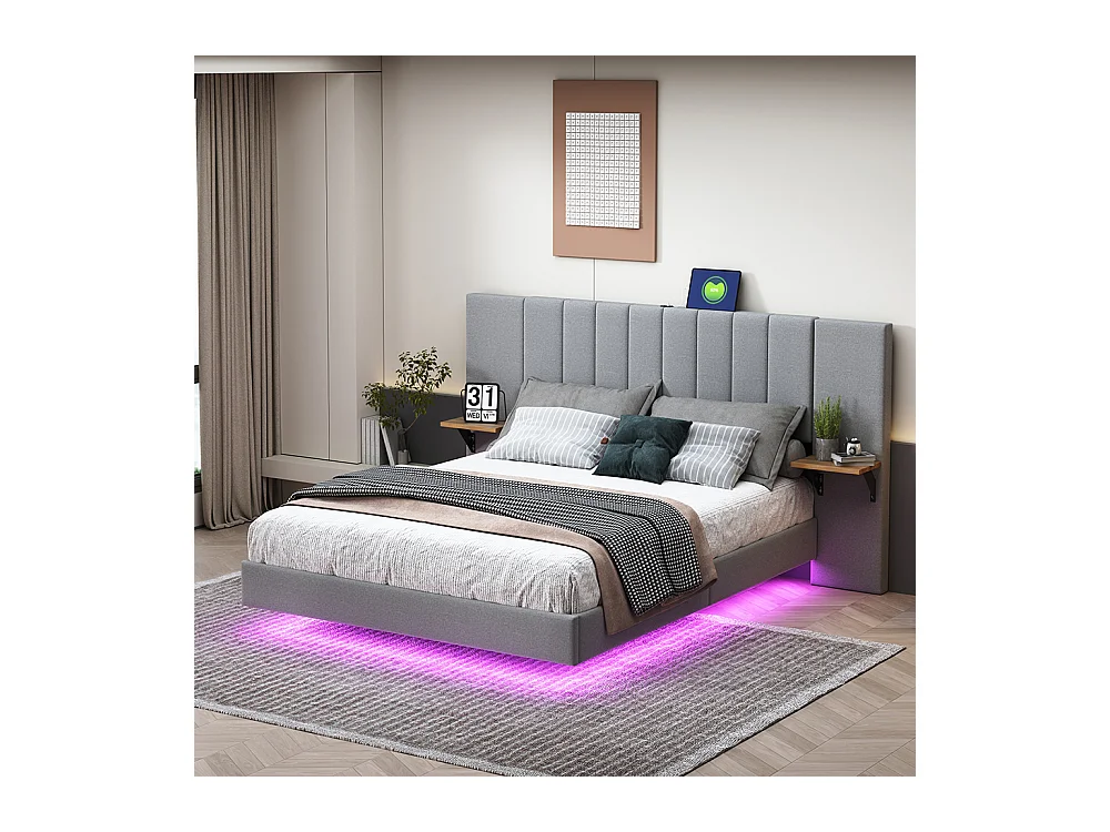 Lit adulte Lit 140x200 cm Pied de lit dissimulé Tête de lit allongée et agrandie avec rangements latéraux avec prise de charge USB avec barre de LED Gris