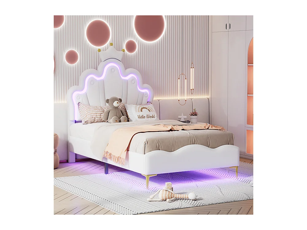 Lit enfant Lit 90x200 cm lit princesse en forme de couronne rembourrage LED réglable blanc