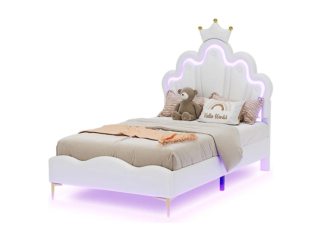 Lit enfant Lit 90x200 cm lit princesse en forme de couronne rembourrage LED réglable blanc