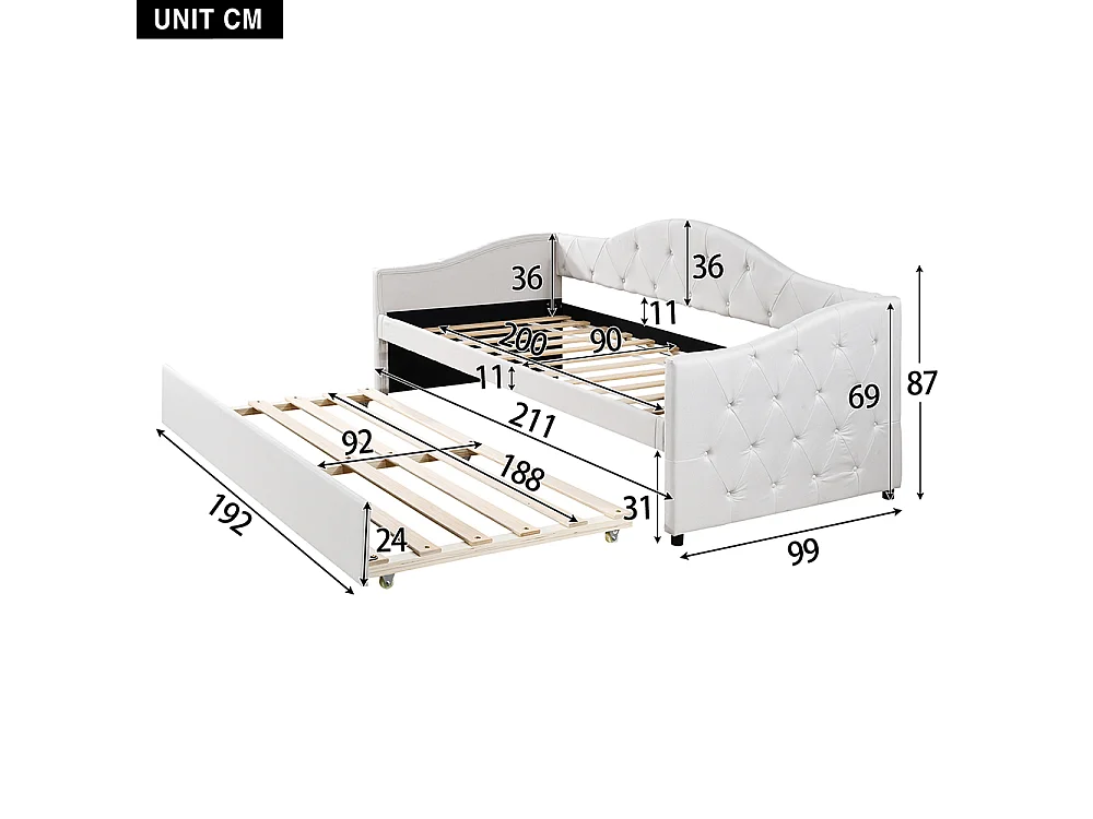 Lit 90x200 cm avec lit escamotable canapé-lit lit simple lin design minimaliste beige