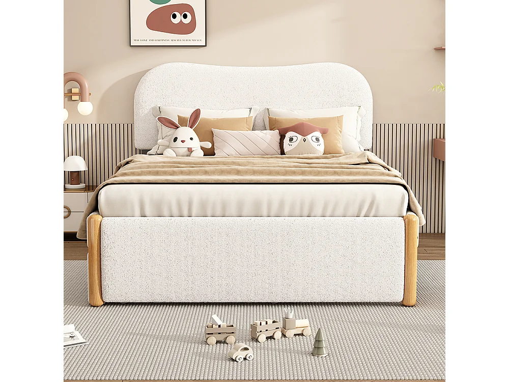 Lit enfant Lit double 140x200 cm Lit capitonné avec lit gigogne pratique tissu blanc