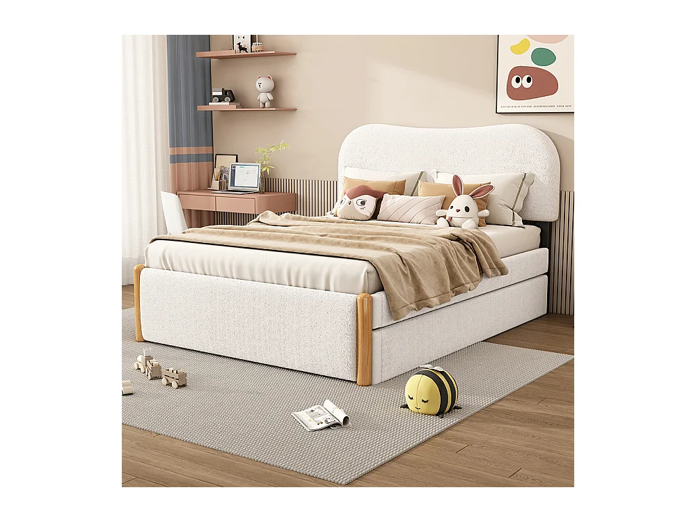 Lit enfant Lit double 140x200 cm Lit capitonné avec lit gigogne pratique tissu blanc