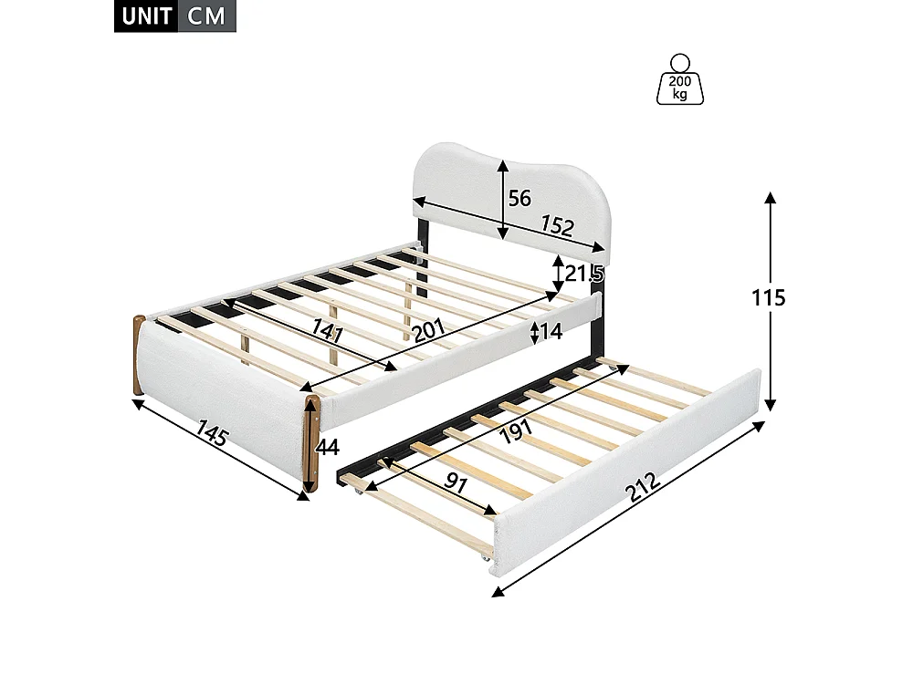 Lit enfant Lit double 140x200 cm Lit capitonné avec lit gigogne pratique tissu blanc