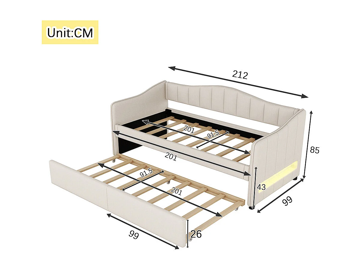 Canapé-lit Lit simple 90x200 cm lit de jour avec lit escamotable charmant design léger lin beige
