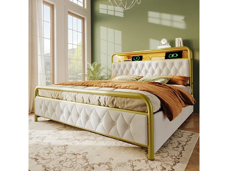 Lit avec tiroirs Lit 140×200 cm Lit adulte Lit double avec APP-Control LED blanc