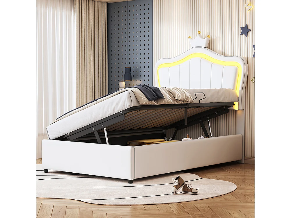Lit enfant Lit 90x200 cm Avec design de couronne Avec éclairage LED Lit de rangement hydraulique Tête de lit réglable en hauteur Blanc