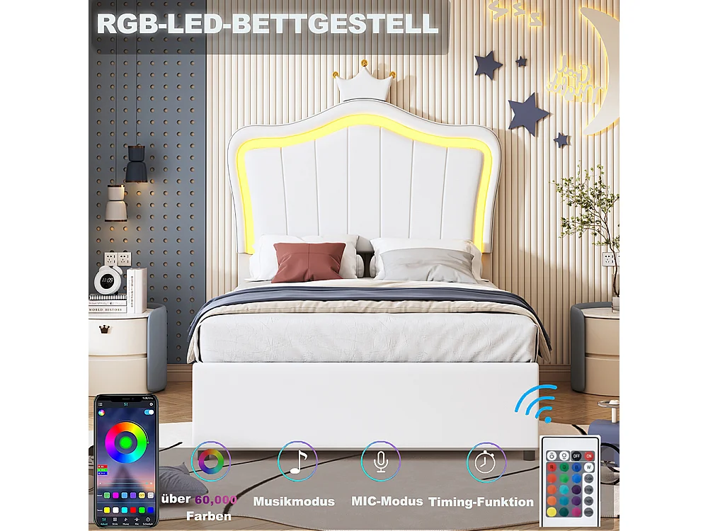 Lit enfant Lit 90x200 cm Avec design de couronne Avec éclairage LED Lit de rangement hydraulique Tête de lit réglable en hauteur Blanc