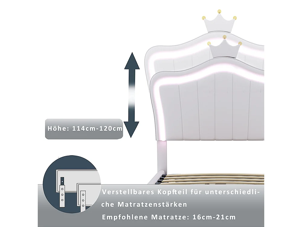 Lit enfant Lit 90x200 cm Avec design de couronne Avec éclairage LED Lit de rangement hydraulique Tête de lit réglable en hauteur Blanc