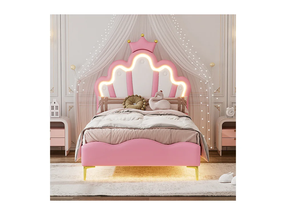 Lit enfant Lit 90x200 cm lit princesse en forme de couronne rembourrage LED réglable rose