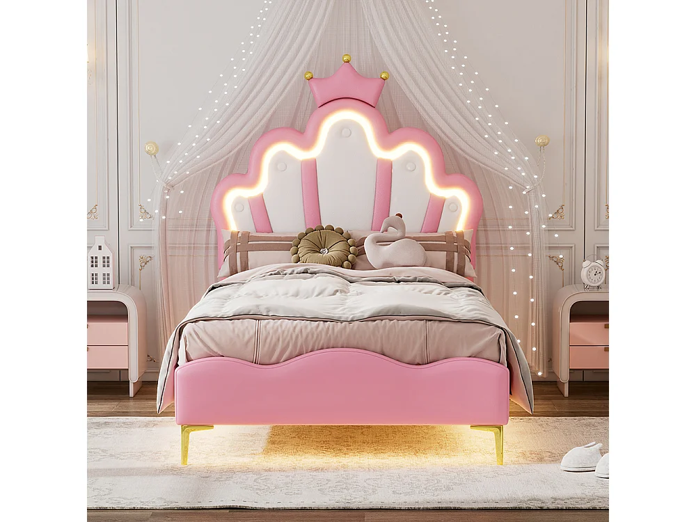 Lit enfant Lit 90x200 cm lit princesse en forme de couronne rembourrage LED réglable rose