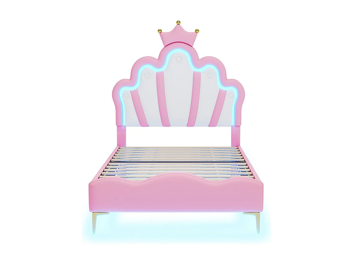 Lit enfant Lit 90x200 cm lit princesse en forme de couronne rembourrage LED réglable rose