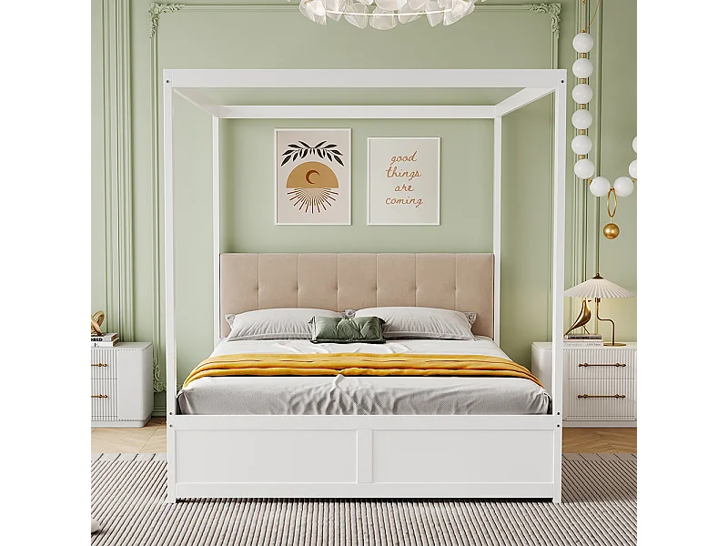 Lit enfant Lit 140x200 cm avec grands tiroirs et dossier moelleux bois blanc