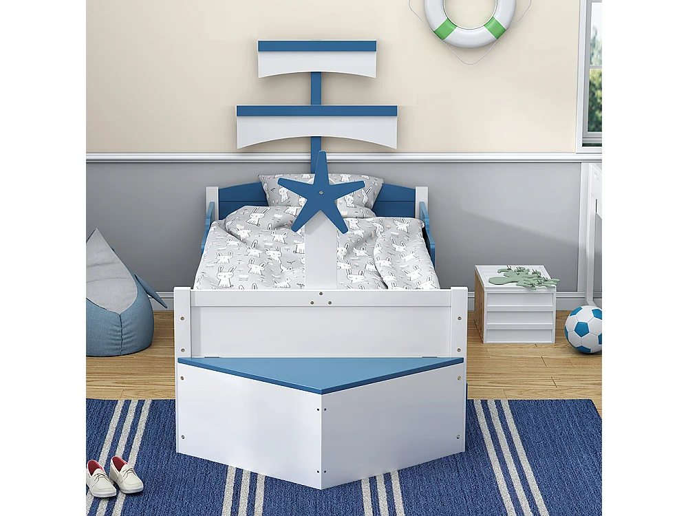 Lit enfant Lit 90x200 cm lit simple en forme de voilier avec lit extensible armoire de rangement au bout du lit bleu