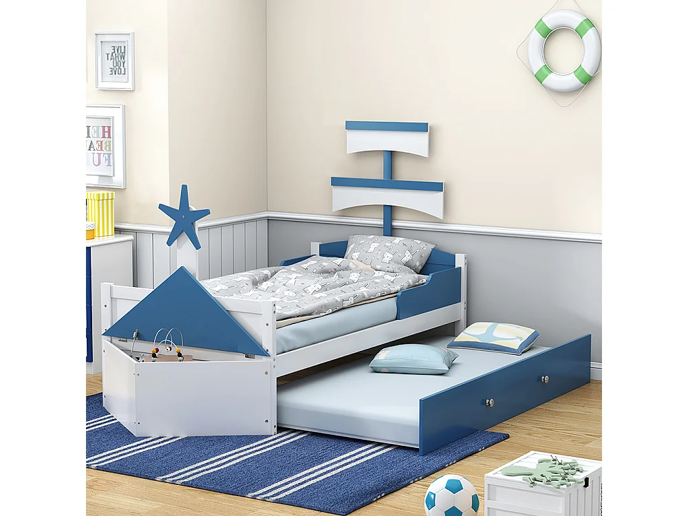 Lit enfant Lit 90x200 cm lit simple en forme de voilier avec lit extensible armoire de rangement au bout du lit bleu