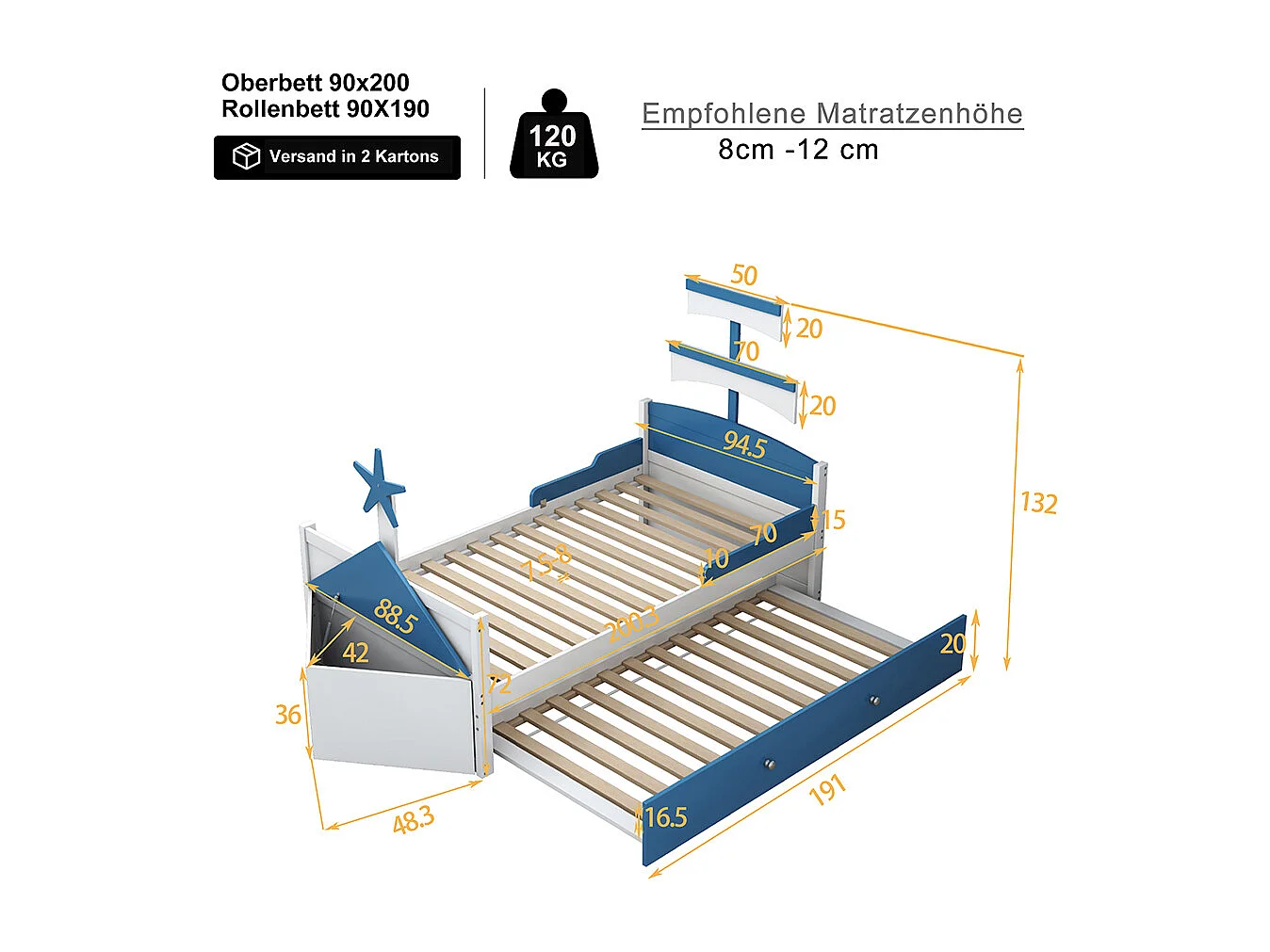 Lit enfant Lit 90x200 cm lit simple en forme de voilier avec lit extensible armoire de rangement au bout du lit bleu