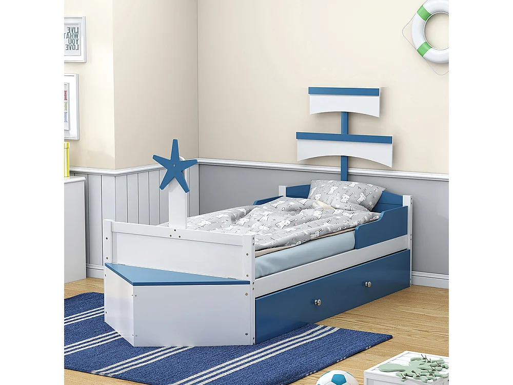 Lit enfant Lit 90x200 cm lit simple en forme de voilier avec lit extensible armoire de rangement au bout du lit bleu
