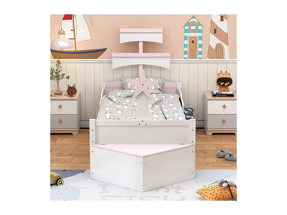 Lit enfant Lit 90x200 cm lit simple en forme de voilier avec lit extensible armoire de rangement au bout du lit rose