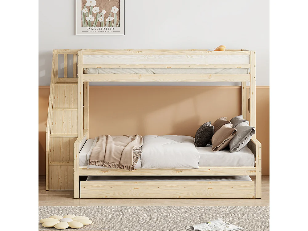 Lit superposé Lit d'enfant 90x200/140x200 cm lit gigogne 90x190 bois massif avec marches de sécurité naturel