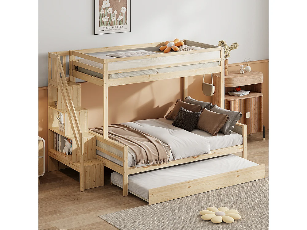 Lit superposé Lit d'enfant 90x200/140x200 cm lit gigogne 90x190 bois massif avec marches de sécurité naturel