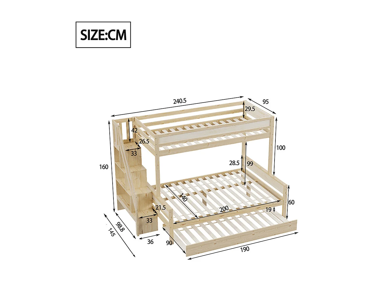 Lit superposé Lit d'enfant 90x200/140x200 cm lit gigogne 90x190 bois massif avec marches de sécurité naturel