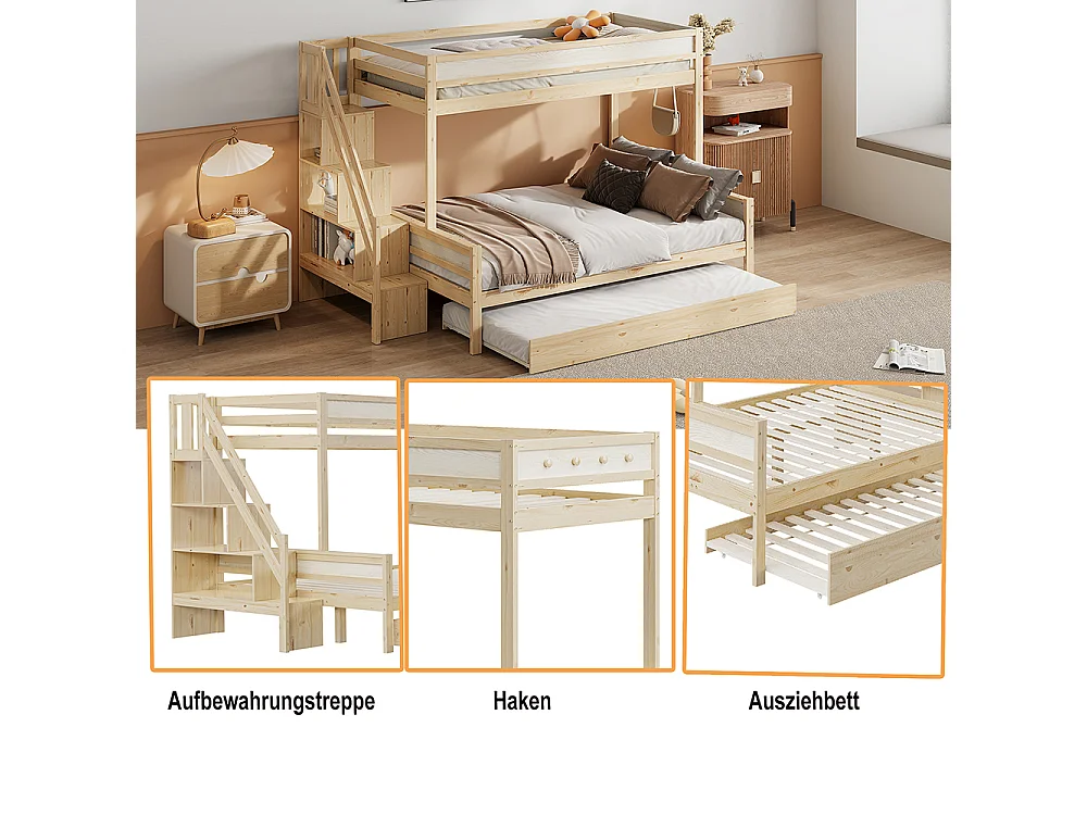 Lit superposé Lit d'enfant 90x200/140x200 cm lit gigogne 90x190 bois massif avec marches de sécurité naturel
