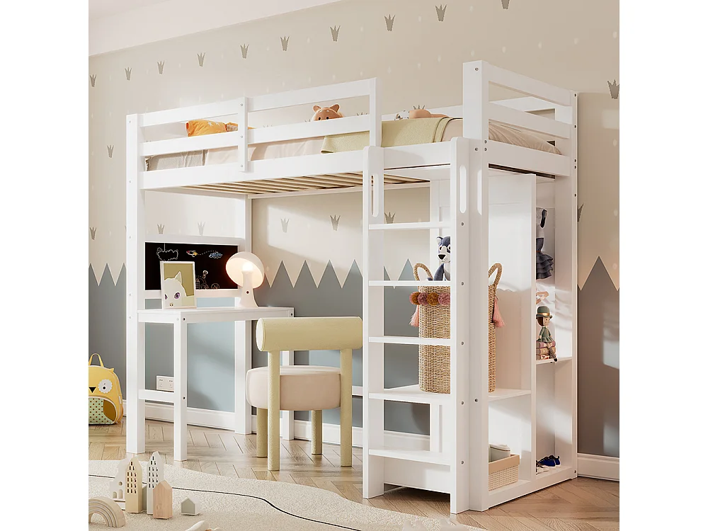 Lit superposé Lit enfant 90x200 cm avec bureau armoire ouverte et étagères blanc