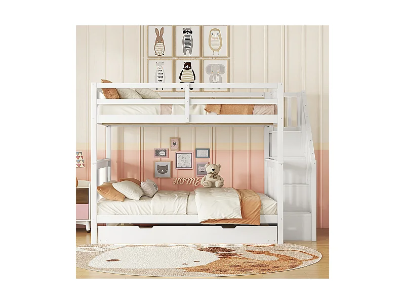 Lit superposé Lit enfant Lit 140x200 cm étagère escalier équipé d'un lit gigogne blanc