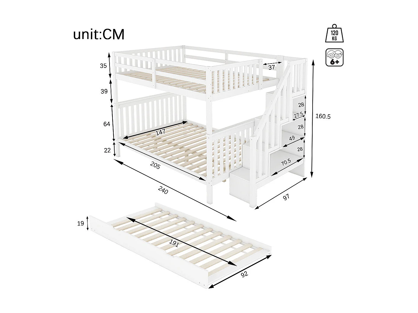 Lit superposé Lit enfant Lit 140x200 cm étagère escalier équipé d'un lit gigogne blanc