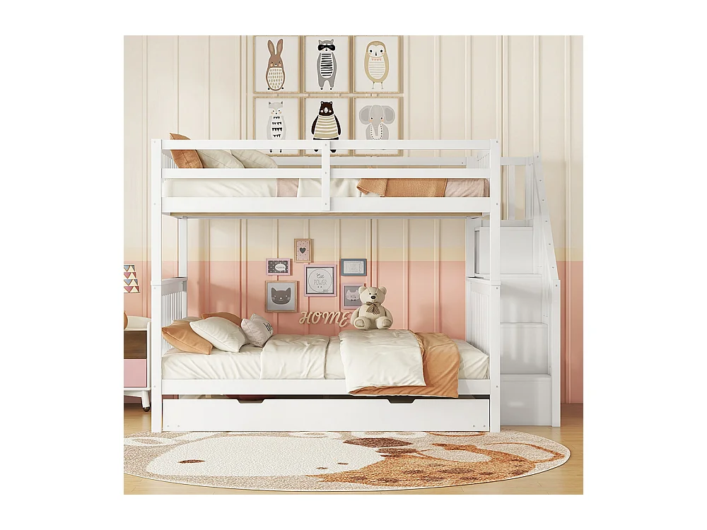 Lit superposé Lit enfant Lit 140x200 cm étagère escalier équipé d'un lit gigogne blanc