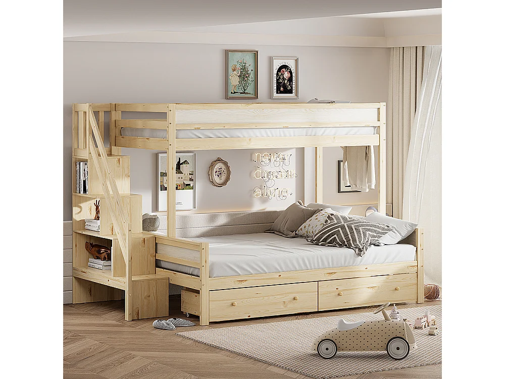 Lit superposé Lit d'enfant 90x200/140x200 cm deux grands tiroirs bois massif avec marches de sécurité naturel
