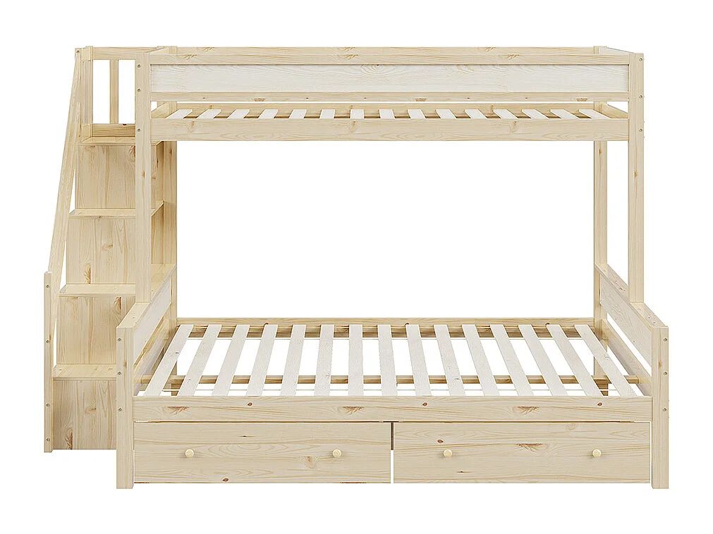 Lit superposé Lit d'enfant 90x200/140x200 cm deux grands tiroirs bois massif avec marches de sécurité naturel
