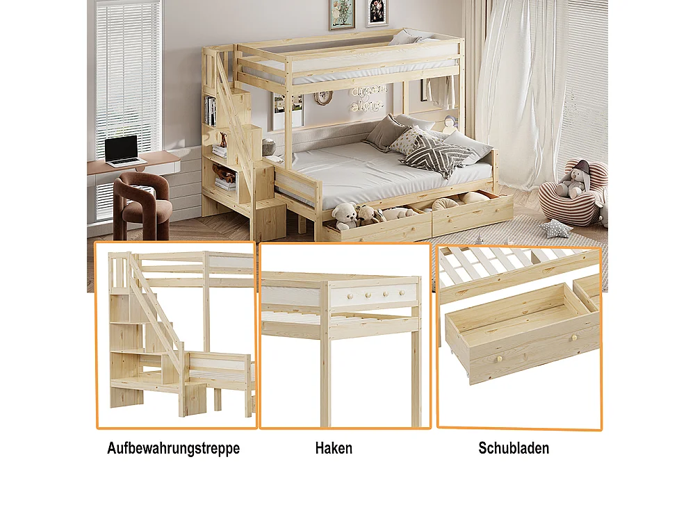 Lit superposé Lit d'enfant 90x200/140x200 cm deux grands tiroirs bois massif avec marches de sécurité naturel
