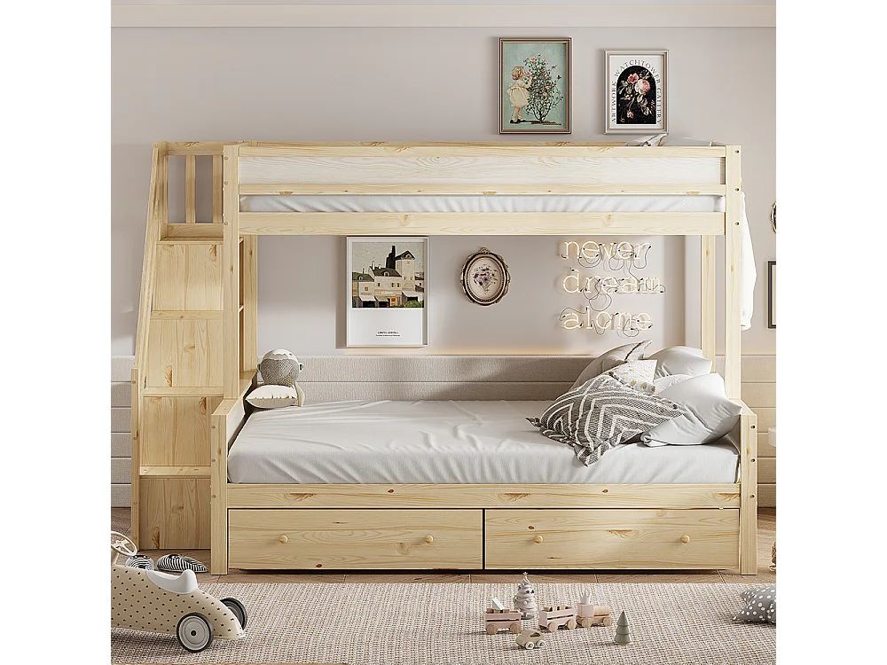 Lit superposé Lit d'enfant 90x200/140x200 cm deux grands tiroirs bois massif avec marches de sécurité naturel