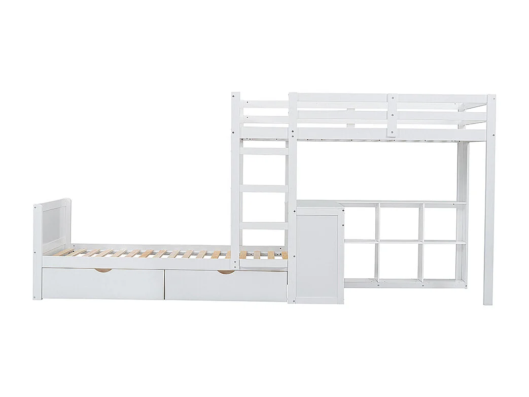 Lit superposé 90x200 cm Lit d'enfant avec échelle à trois niveaux, Lattes stables Étagère ouverte Deux tiroirs avec bureau Blanc