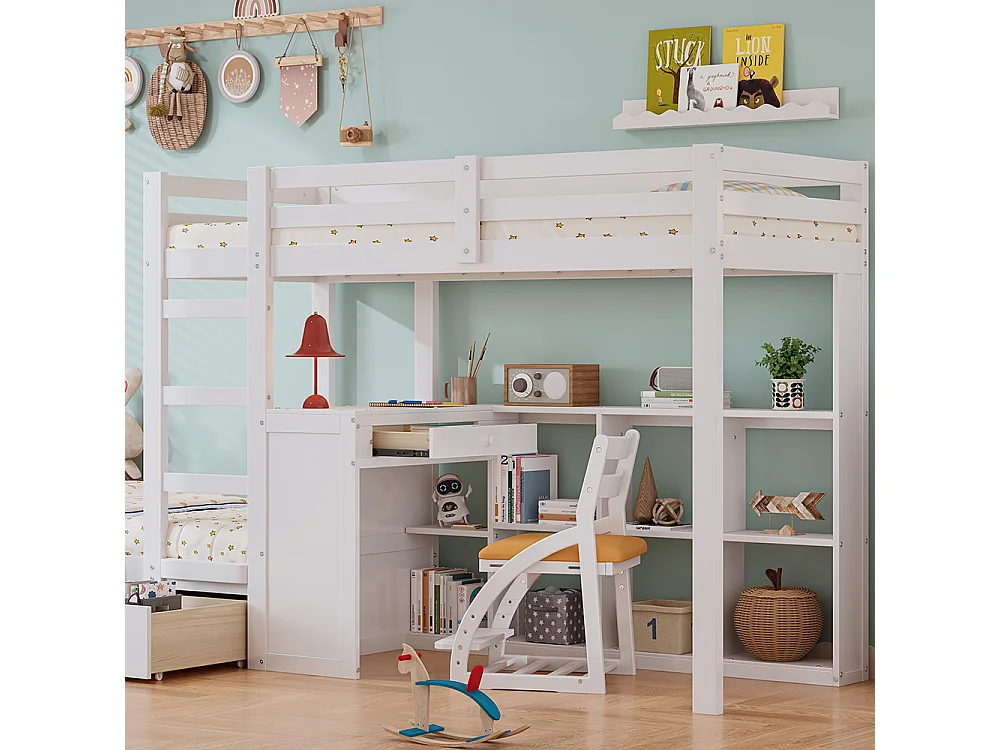 Lit superposé 90x200 cm Lit d'enfant avec échelle à trois niveaux, Lattes stables Étagère ouverte Deux tiroirs avec bureau Blanc