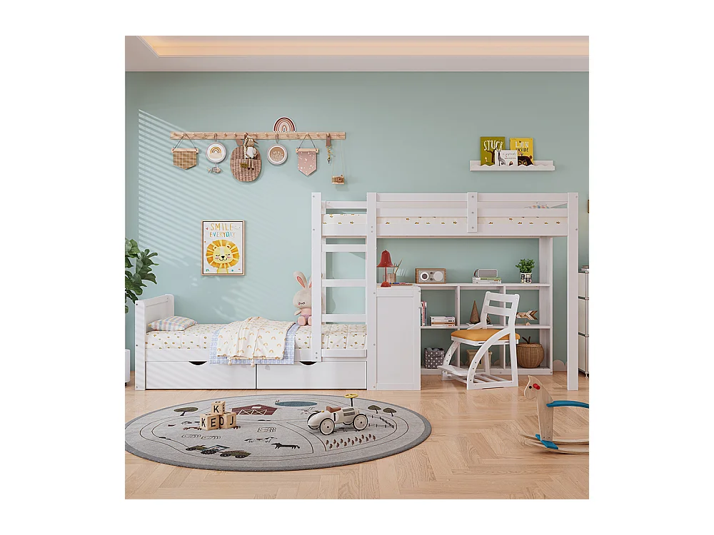 Lit superposé 90x200 cm Lit d'enfant avec échelle à trois niveaux, Lattes stables Étagère ouverte Deux tiroirs avec bureau Blanc