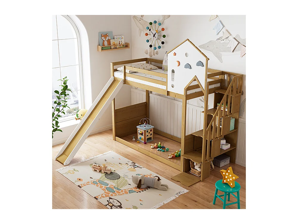 Lit superposé 90x200 cm Lit d'enfant Lit avec escalier d'angle avec toit et fenêtre avec 3 casiers dans l'escalier Blanc+Naturel