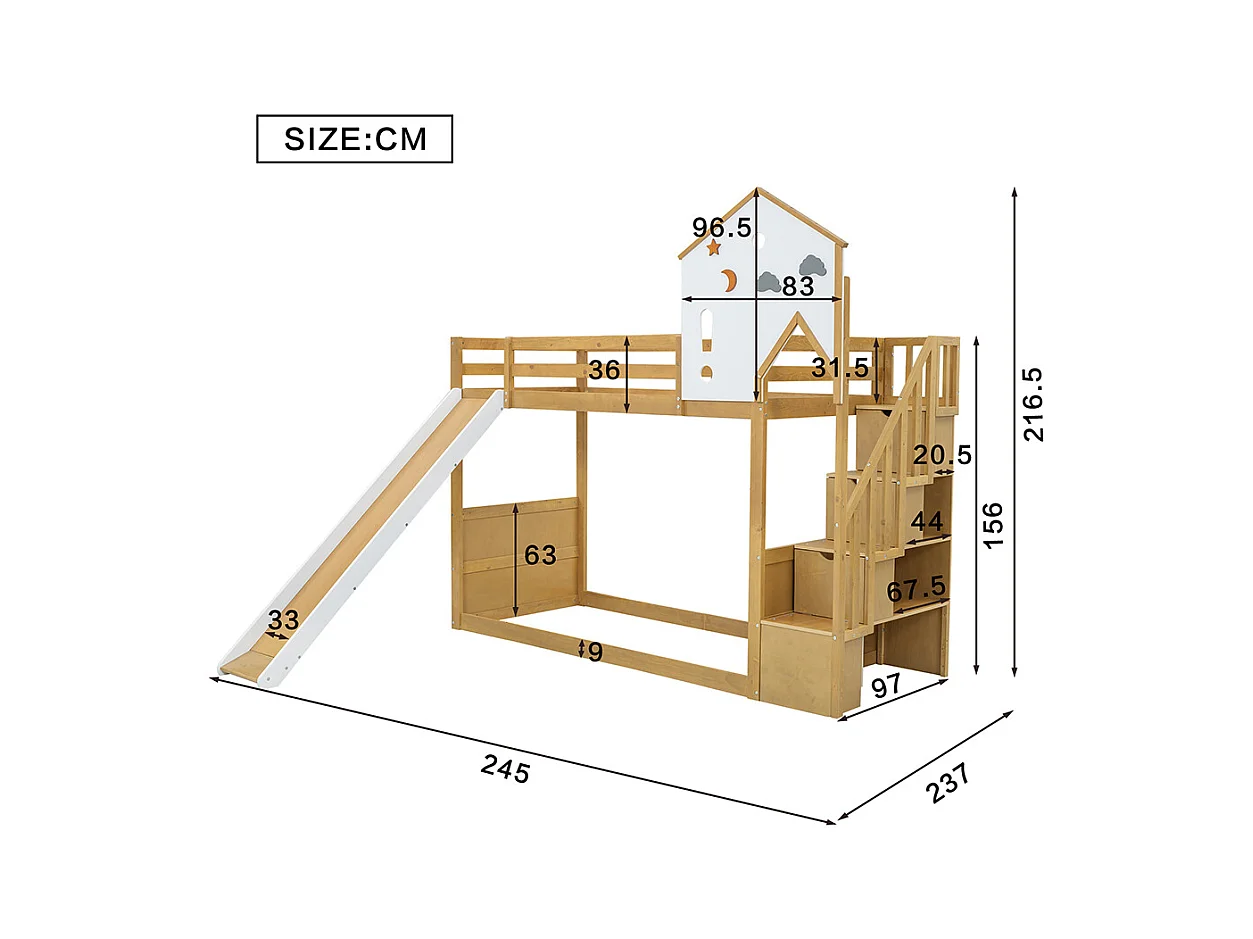 Lit superposé 90x200 cm Lit d'enfant Lit avec escalier d'angle avec toit et fenêtre avec 3 casiers dans l'escalier Blanc+Naturel