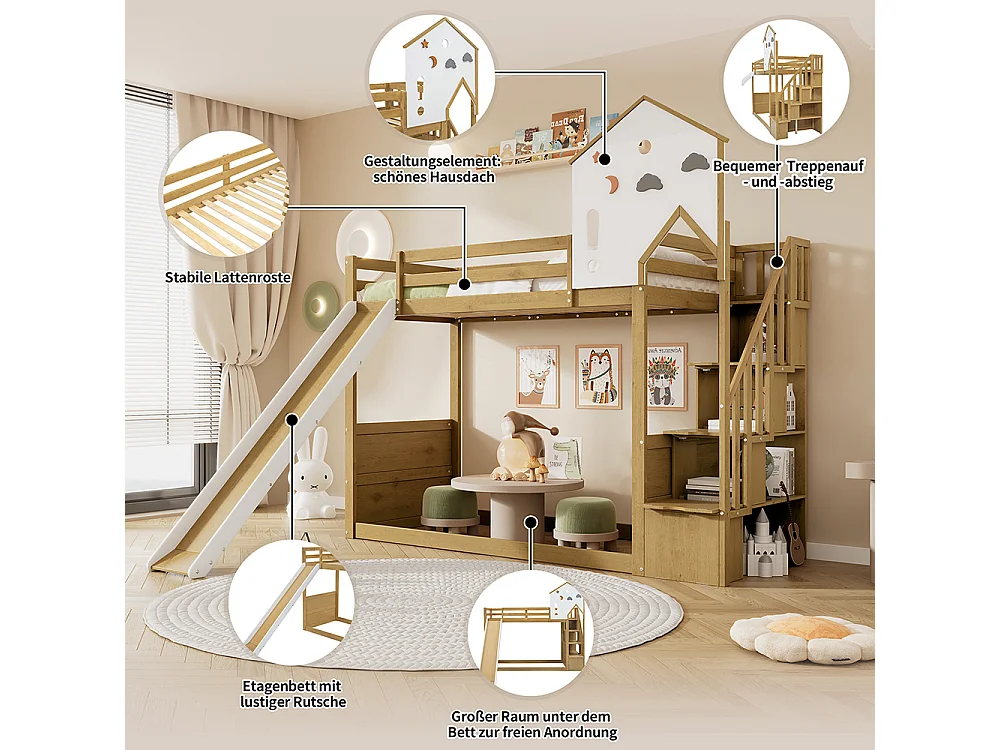 Lit superposé 90x200 cm Lit d'enfant Lit avec escalier d'angle avec toit et fenêtre avec 3 casiers dans l'escalier Blanc+Naturel