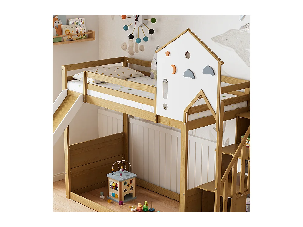Lit superposé 90x200 cm Lit d'enfant Lit avec escalier d'angle avec toit et fenêtre avec 3 casiers dans l'escalier Blanc+Naturel