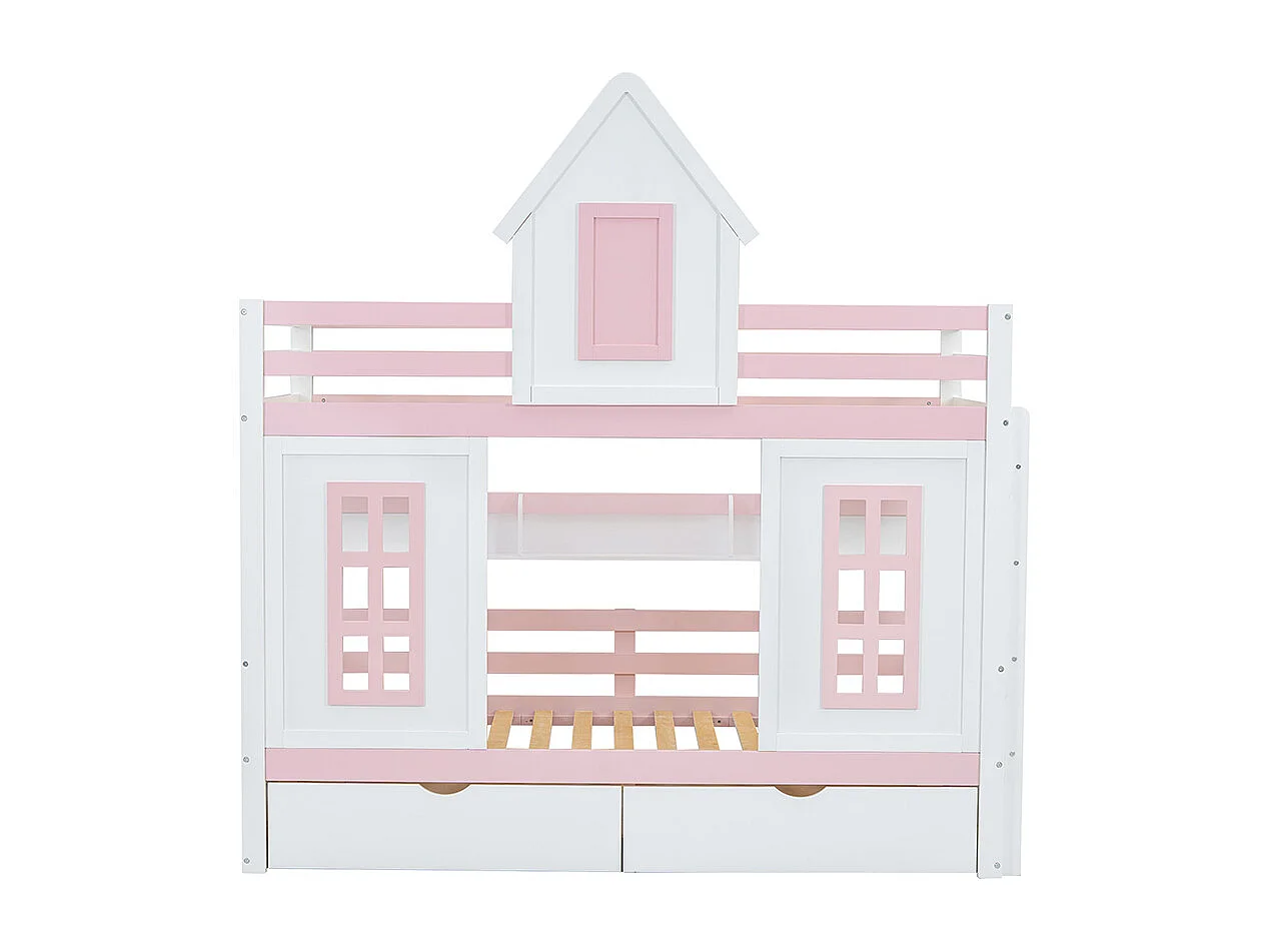 Lit superposé 90x200 cm Lit de princesse lit d'enfant avec toit et fenêtre garde-corps stable Deux tiroirs avec roulettes Blanc+Rose