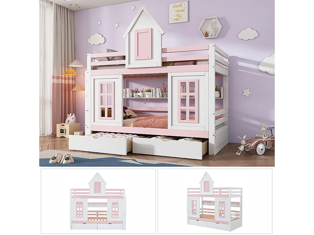 Lit superposé 90x200 cm Lit de princesse lit d'enfant avec toit et fenêtre garde-corps stable Deux tiroirs avec roulettes Blanc+Rose